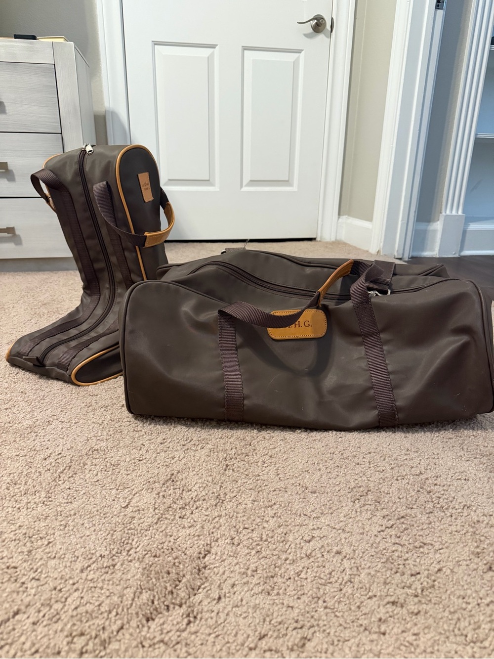 Jon Hart Design Brown Canvas Duffel with Tan Trim and Matching Boot Bag